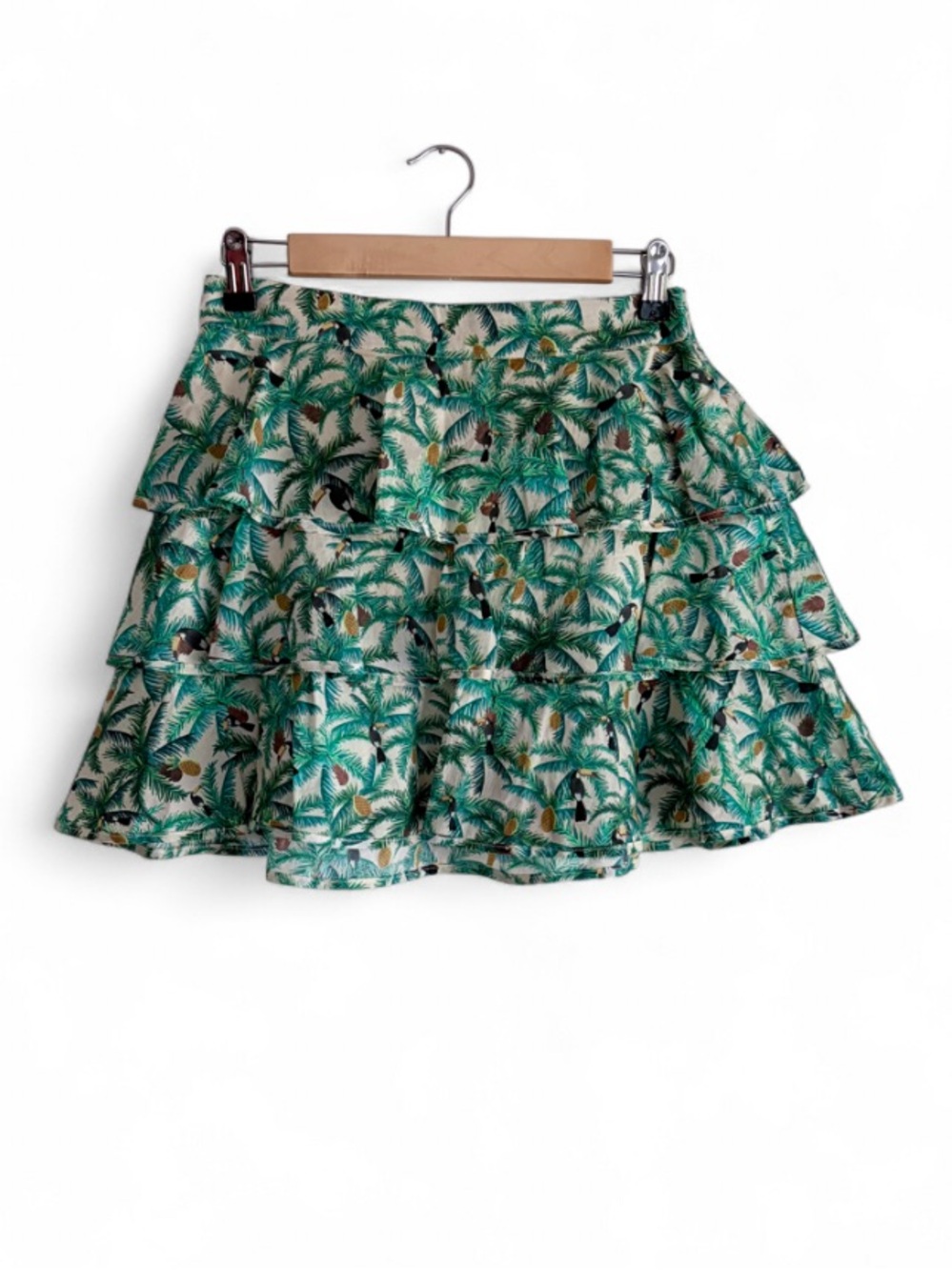 Farm Rio Toucan Tropical Print 100% Cotton Tiered Ruffle Mini Skirt Size S